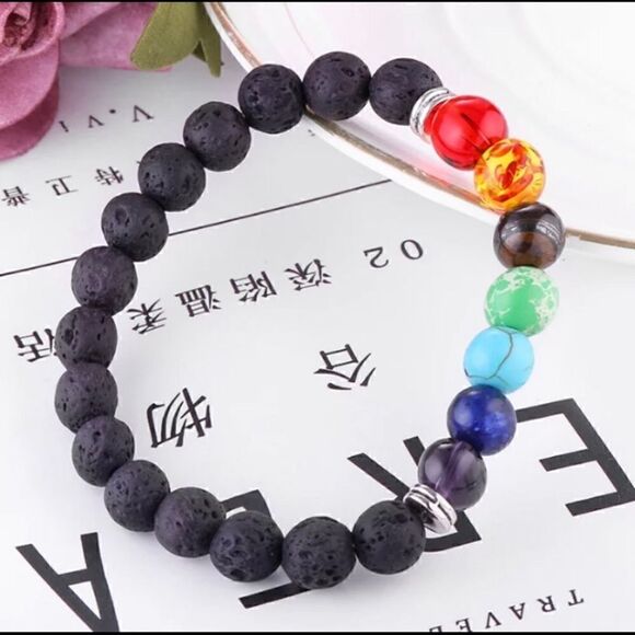 Set of (2) Essential Oil Diffuser Chakra / Black Lava Rock Stone Bead Bracelets - Picture 5 of 9